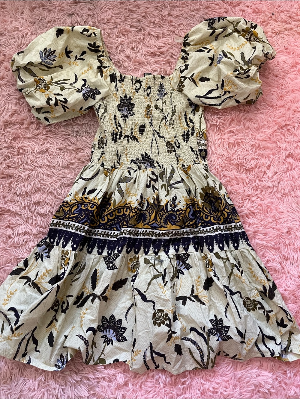 Scarlett Poppies Embellished Boho Mini Dress XS Puff Sleeve Smocked Floral - Picture 2 of 4